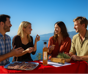 image-page-produit-rando-apero-mont-dazur-orgaya-nature-entreprise personne qui font un apéro à la fin d'une randonnée avec vue sur la mer méditerranée