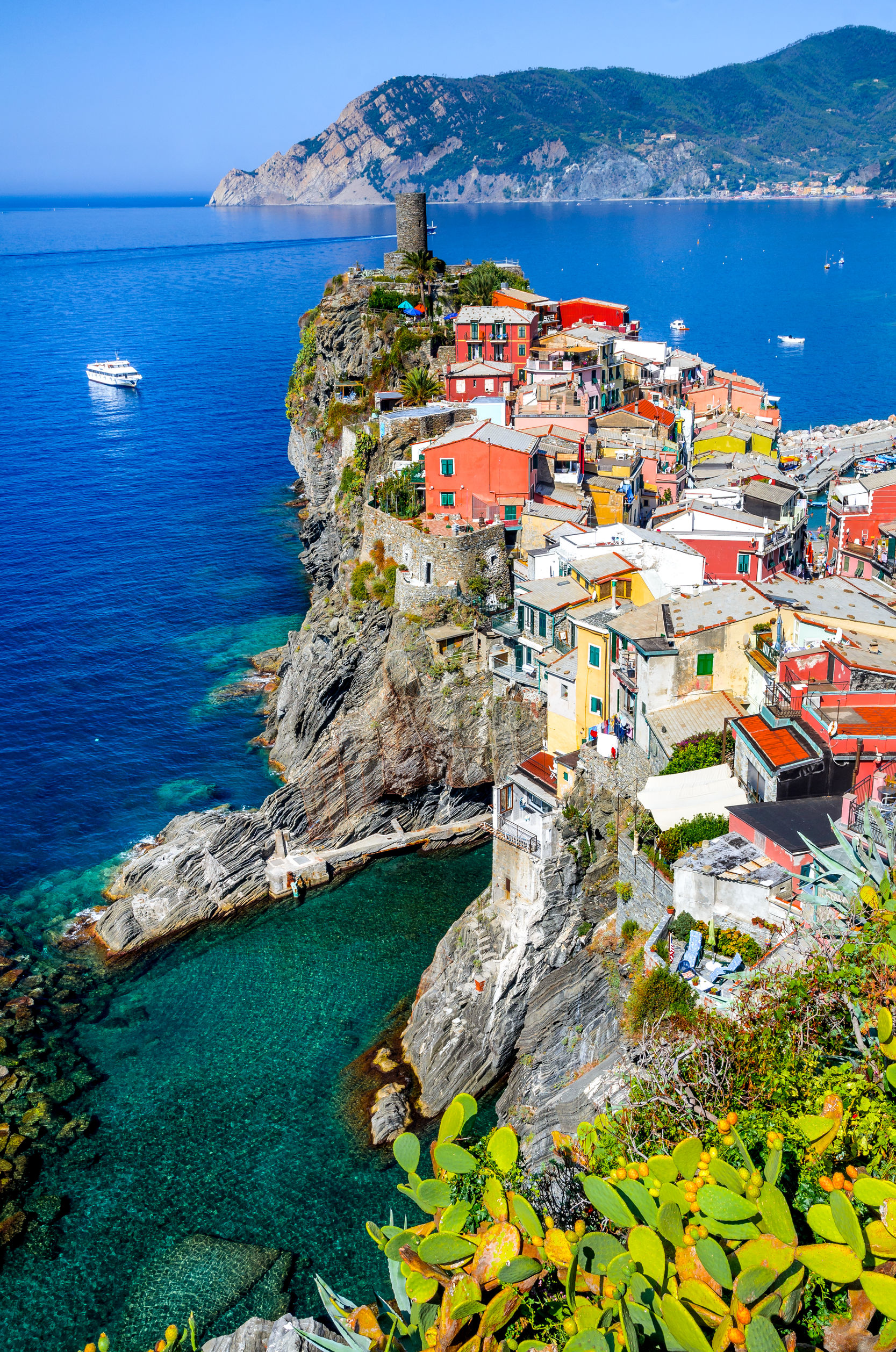 Cinque Terre, Italy. Scenic view of colorful village Vernazza and Mediterranean Se coast in Liguria, italian landmark.